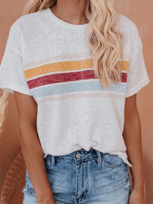 Rainbow Stripes Patchwork Rundhals Kortærmede Daily Casual T-shirts Til Kvinder