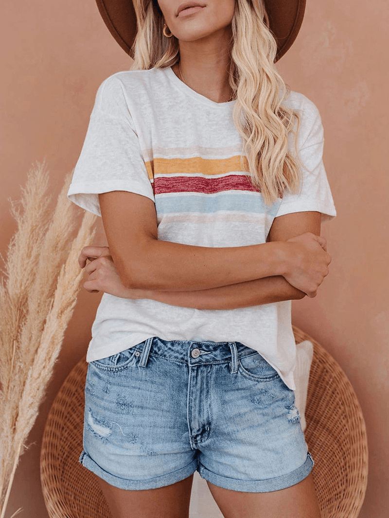 Rainbow Stripes Patchwork Rundhals Kortærmede Daily Casual T-shirts Til Kvinder