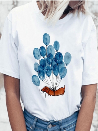 Sød Tegneseriehund Og Ballon Med Rund Hals Til Kvinder Hvide Kortærmede T-shirts