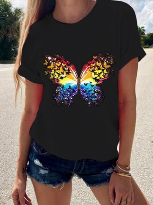 Sommerfugle Med Tryk Rund Hals Kortærmede Sommer Vilde Casual T-shirts