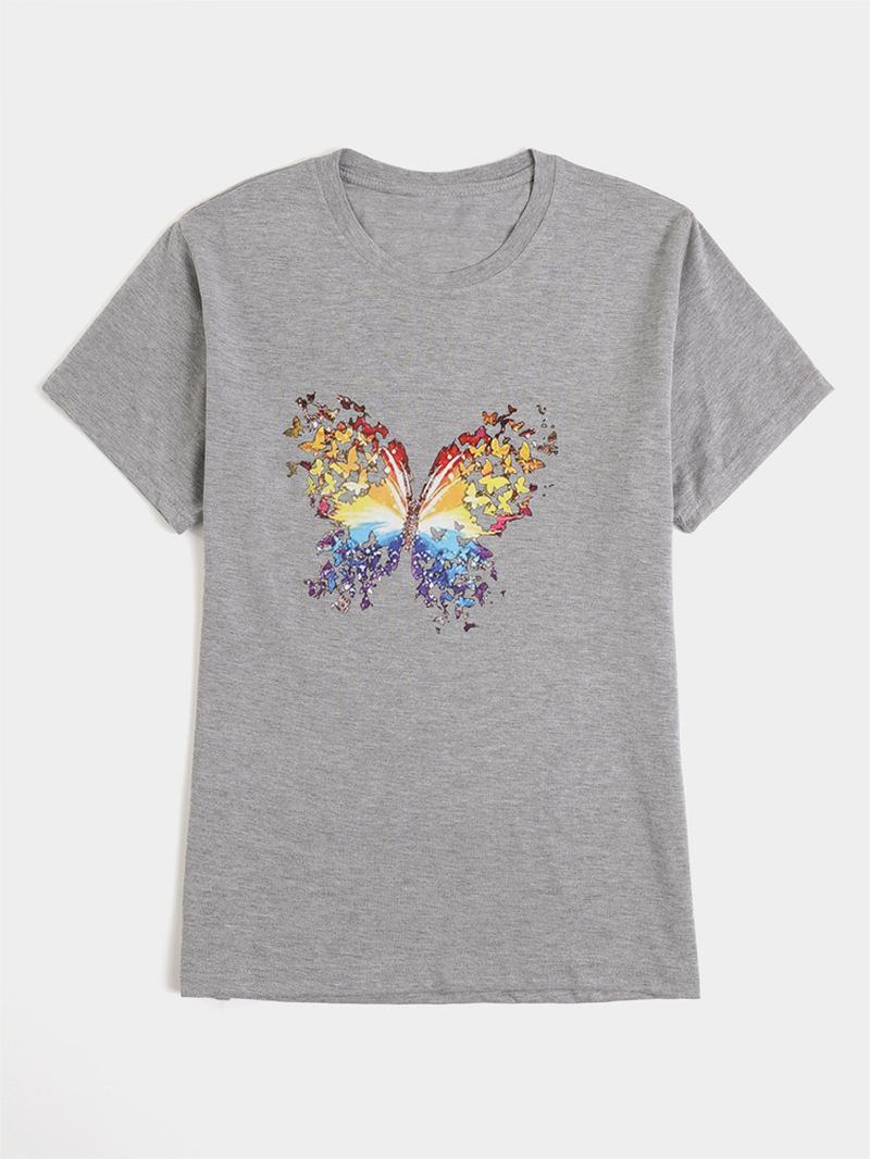 Sommerfugle Med Tryk Rund Hals Kortærmede Sommer Vilde Casual T-shirts