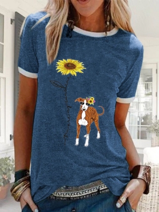 Tegneserie Blomster Hundetrykt Kortærmet Casual Løs T-shirt