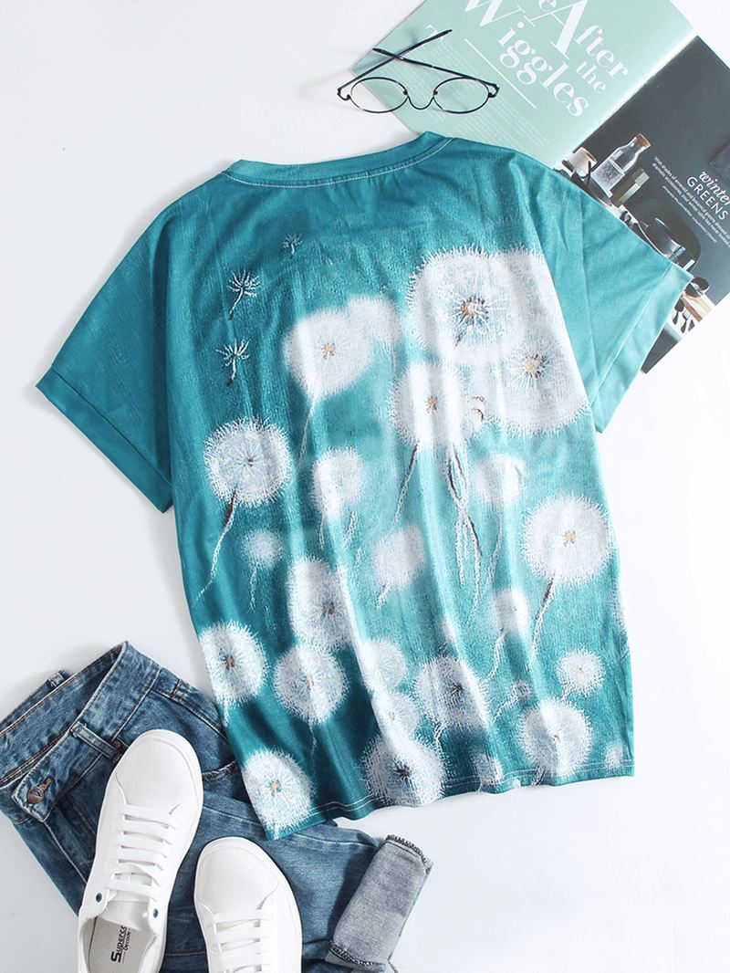 Tegneserie Blomster Kat Med Tryk Kortærmet O-hals Afslappet T-shirt