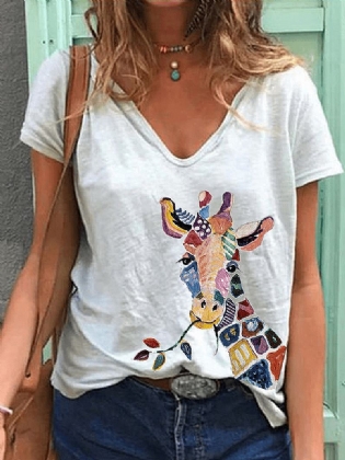 Tegneserie Giraf Animal Med Tryk V-hals Kortærmede Løse T-shirts Til Kvinder
