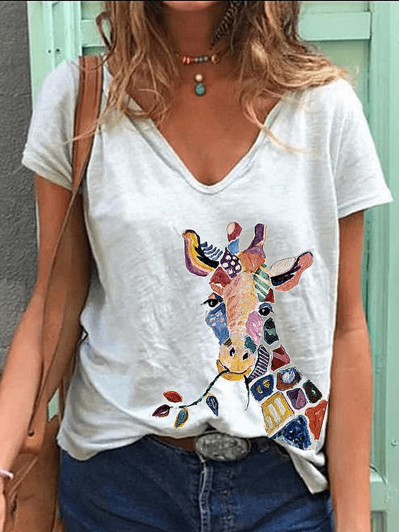 Tegneserie Giraf Animal Med Tryk V-hals Kortærmede Løse T-shirts Til Kvinder