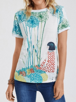Tegneserie Girl Med Tryk O-hals Kortærmet Casual T-shirt Til Kvinder