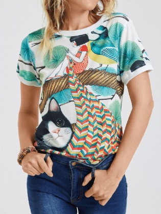 Tegneserie Kat Girl Med Tryk O-hals Kortærmet Afslappet T-shirt Til Kvinder