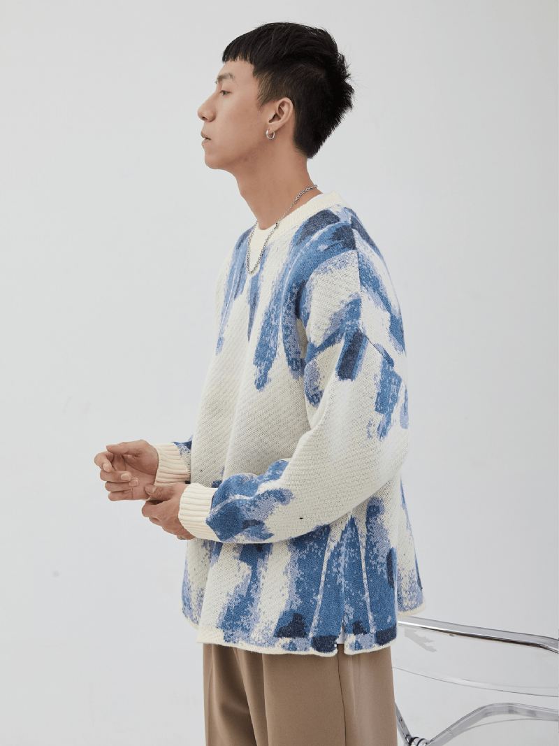 Blå Graffiti Akvarel Jacquard Casual Strik Løs Sweater