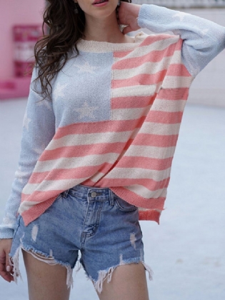 Chic Med Tryk Stripe Patch Langærmede Sweatere Med Rund Hals