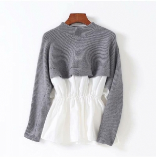 Dame Patchwork Sweater Shirts Efterårsstrik Fake To Stykker O-hals Langærmede Japan Kvinde Sweatere