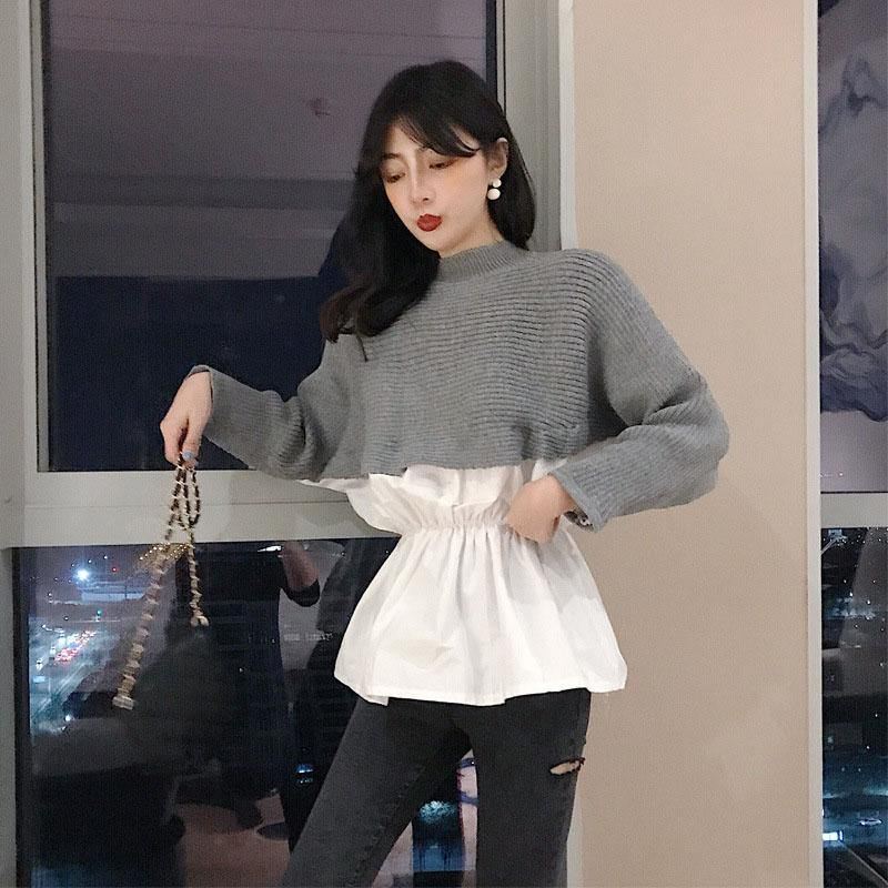 Dame Patchwork Sweater Shirts Efterårsstrik Fake To Stykker O-hals Langærmede Japan Kvinde Sweatere