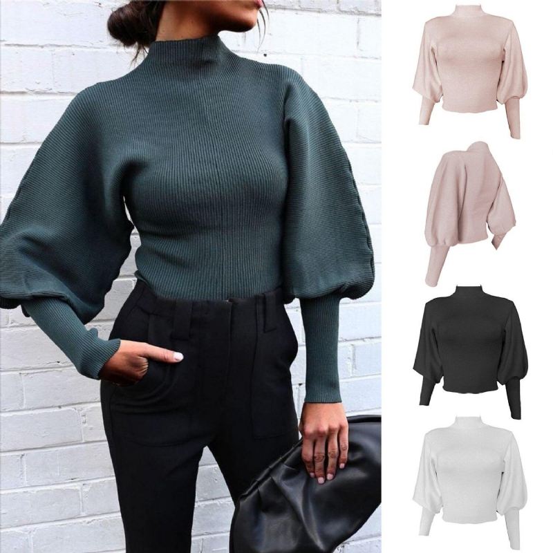Efterår Og Vinter Ny Sweater Kvinder Ren Farve Strikket Lanterne Ærme Langærmet Pullover Sweater Med Rullekrave