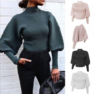Efterår Og Vinter Ny Sweater Kvinder Ren Farve Strikket Lanterne Ærme Langærmet Pullover Sweater Med Rullekrave