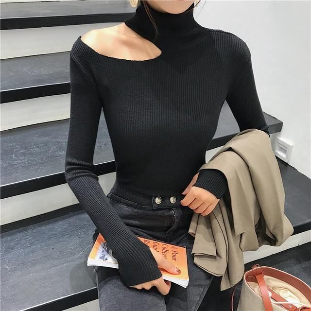 Efterår Vinter Dame Pullovere Sweater Strikket Elasticitet Hollow Out Rullekrave Dame Sweatere Jj3231