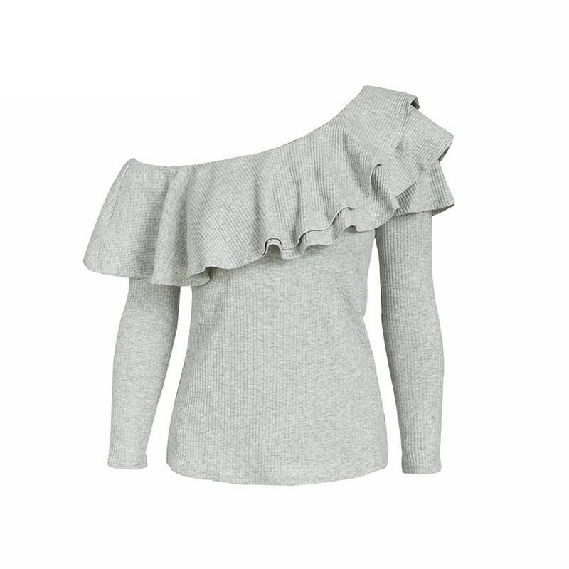 En Skulder Flæser Bluse Skjorte Kvinder Sexede Slanke Langærmede Toppe Strikket Elegant Bomuld Blusas New Mode Top Wear