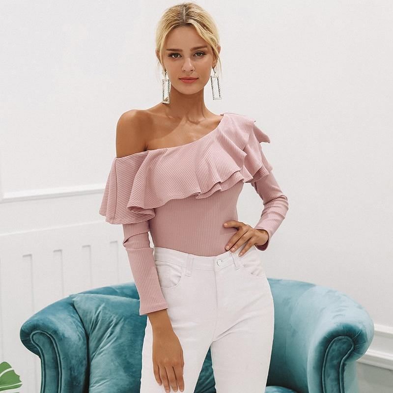 En Skulder Flæser Bluse Skjorte Kvinder Sexede Slanke Langærmede Toppe Strikket Elegant Bomuld Blusas New Mode Top Wear