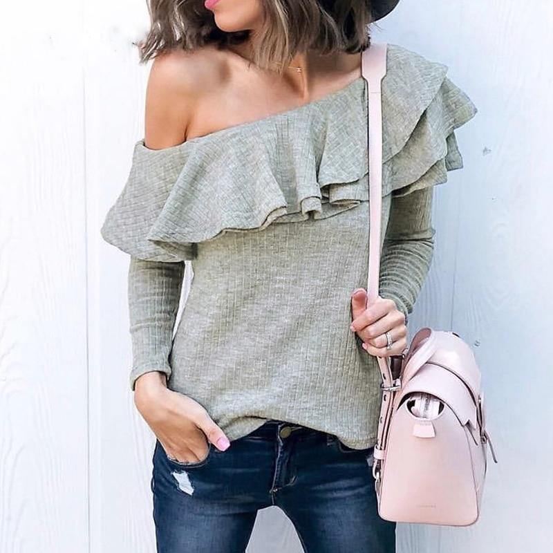 En Skulder Flæser Bluse Skjorte Kvinder Sexede Slanke Langærmede Toppe Strikket Elegant Bomuld Blusas New Mode Top Wear