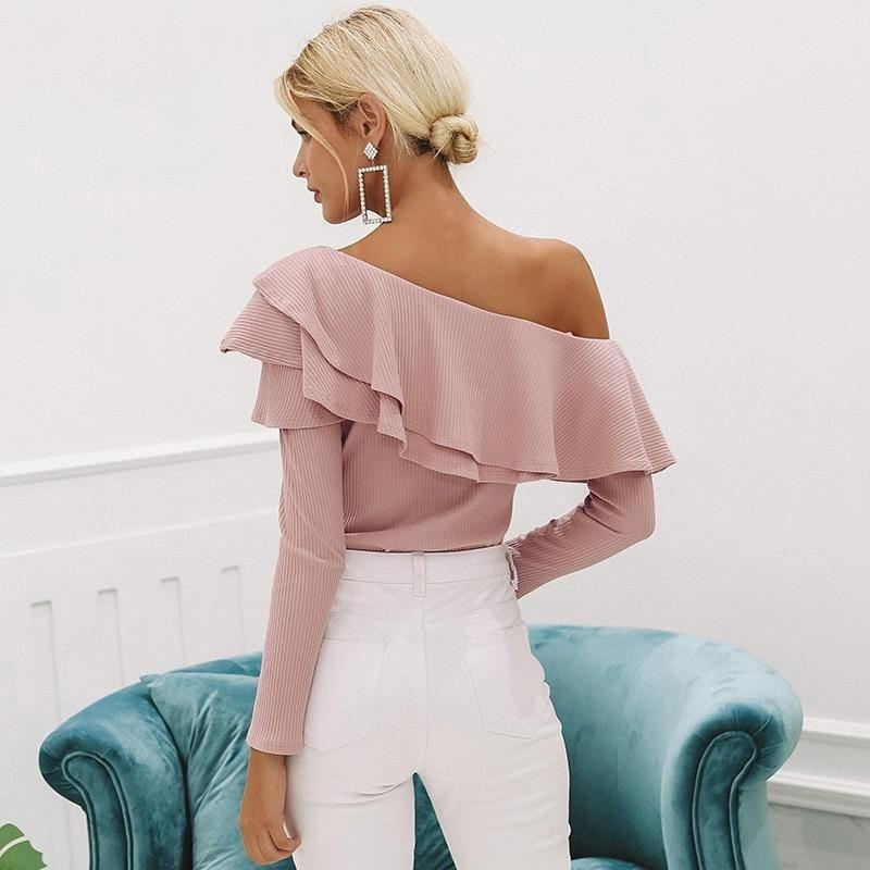 En Skulder Flæser Bluse Skjorte Kvinder Sexede Slanke Langærmede Toppe Strikket Elegant Bomuld Blusas New Mode Top Wear