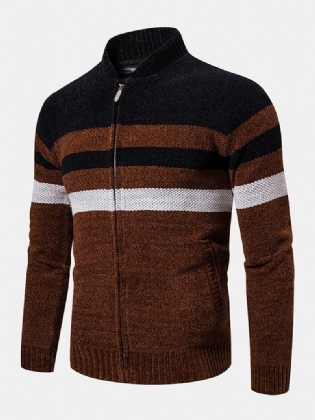 Herre Colorblock Stribet Skrå Lomme Baseballkrave Langærmet Sweater Hættetrøjejakke