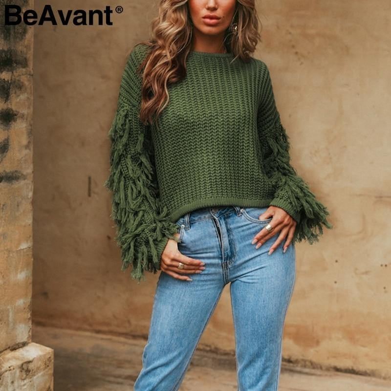 Kvast Strikket Sweater Dame Pullover Løs Casual Armygrøn Vinter Sweater Kvindelig O-hals 2018 Efterårstrøje Pull Femme
