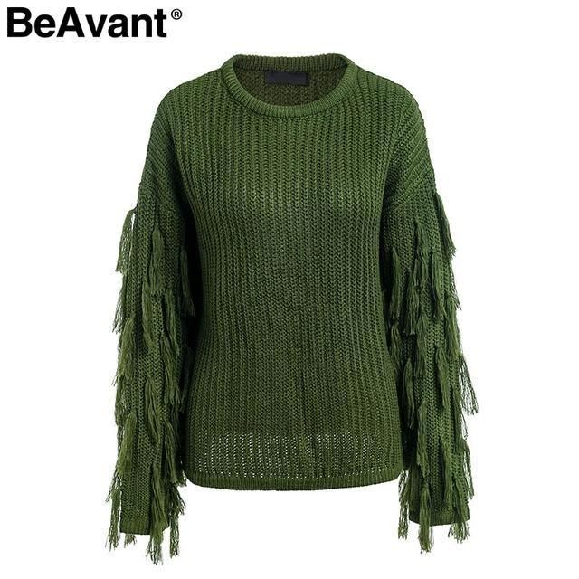 Kvast Strikket Sweater Dame Pullover Løs Casual Armygrøn Vinter Sweater Kvindelig O-hals 2018 Efterårstrøje Pull Femme