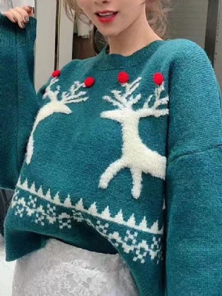 Kvinder Christmas Elk Patch Strikket Crew Neck Drop Shoulder Sweaters
