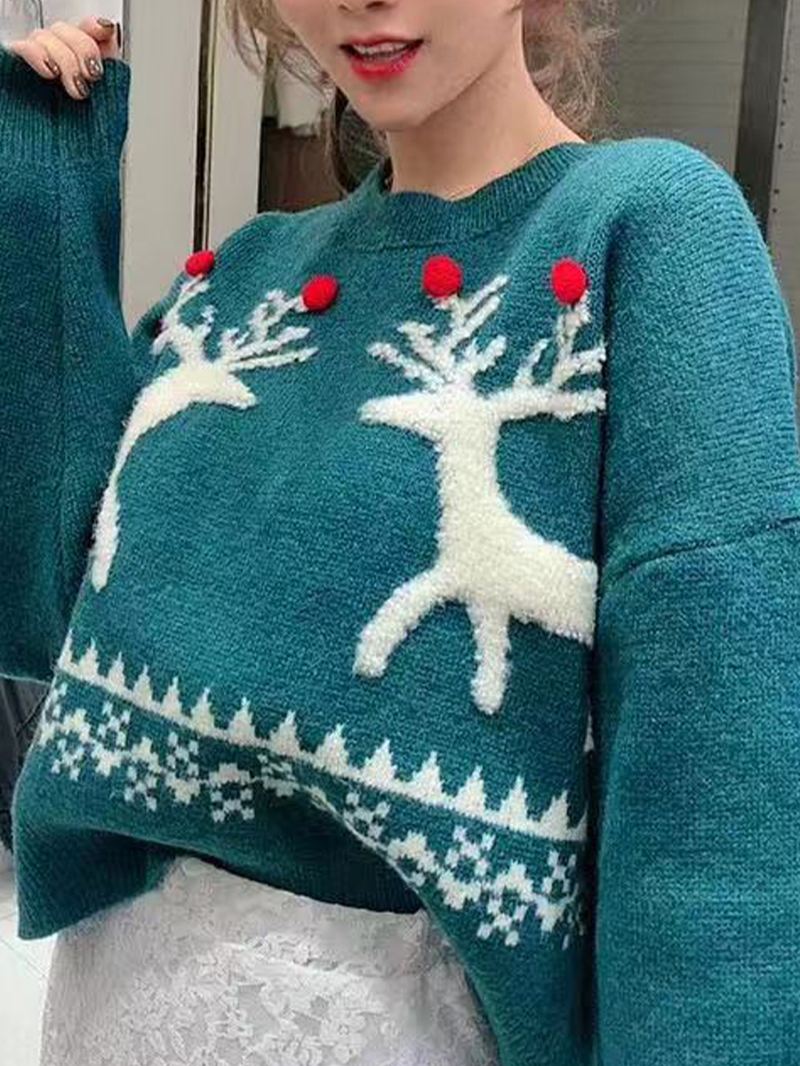 Kvinder Christmas Elk Patch Strikket Crew Neck Drop Shoulder Sweaters
