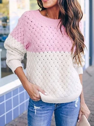 Kvinder Colorblock Knitting Hollow Out Casual Langærmet Sweater