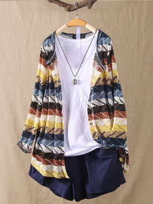 Kvinder Farve Patchwork Stribet Strikning Langærmede Cardigans
