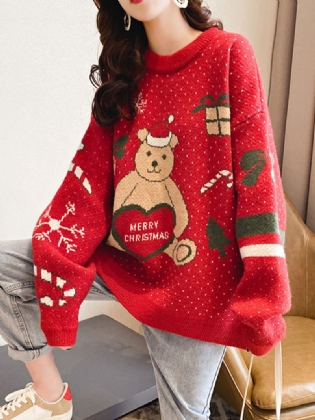 Kvinder Jul Cute Bear Med Tryk Rund Hals Casual Strikket Sweater