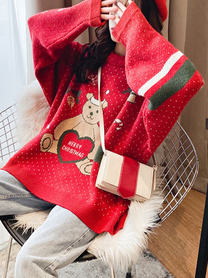 Kvinder Jul Cute Bear Med Tryk Rund Hals Casual Strikket Sweater