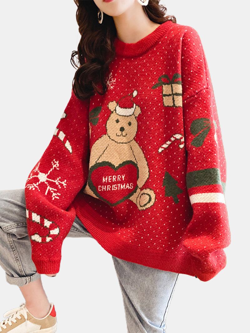 Kvinder Jul Cute Bear Med Tryk Rund Hals Casual Strikket Sweater