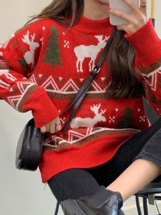 Kvinder Jul Mønster Med Tryk Rund Hals Tyk Varm Afslappet Strikket Sweater