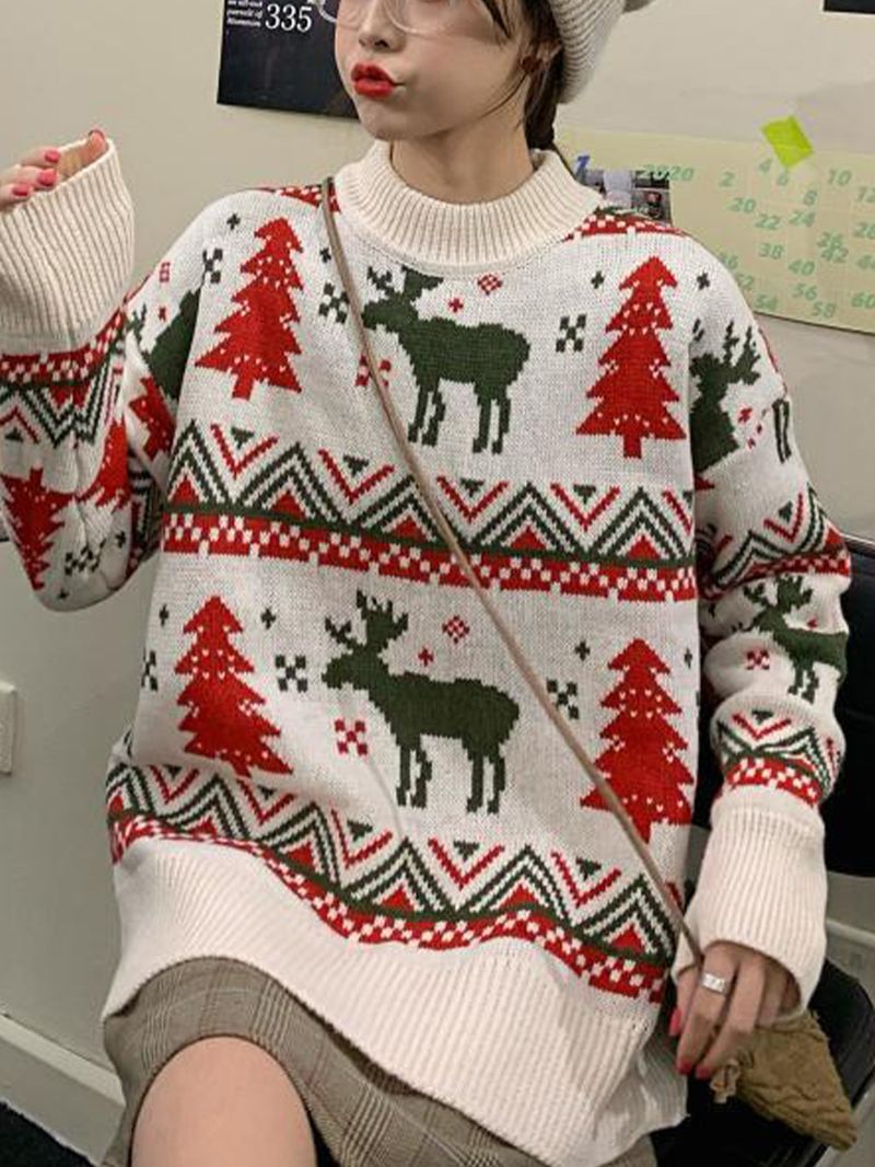 Kvinder Jul Mønster Med Tryk Rund Hals Tyk Varm Afslappet Strikket Sweater