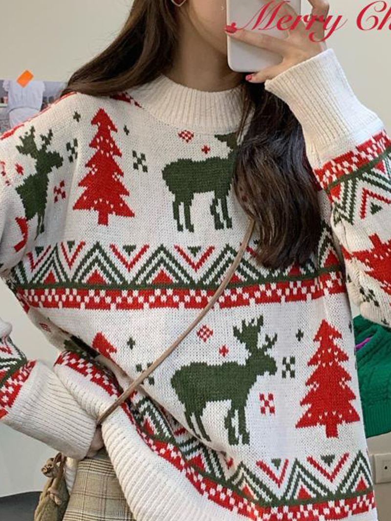 Kvinder Jul Mønster Med Tryk Rund Hals Tyk Varm Afslappet Strikket Sweater