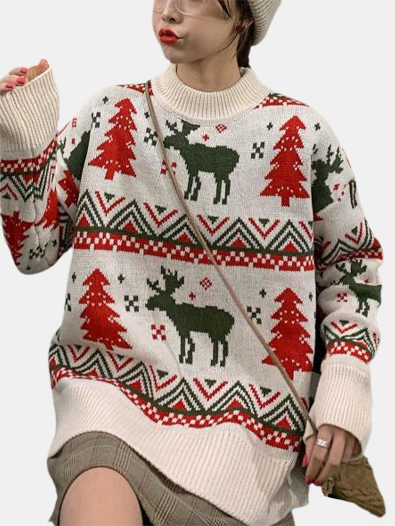 Kvinder Jul Mønster Med Tryk Rund Hals Tyk Varm Afslappet Strikket Sweater