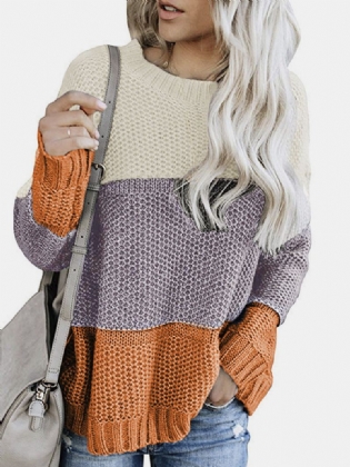 Kvinder Kontrastfarve Patchwork Rund Hals Langærmet Strikket Afslappet Sweater