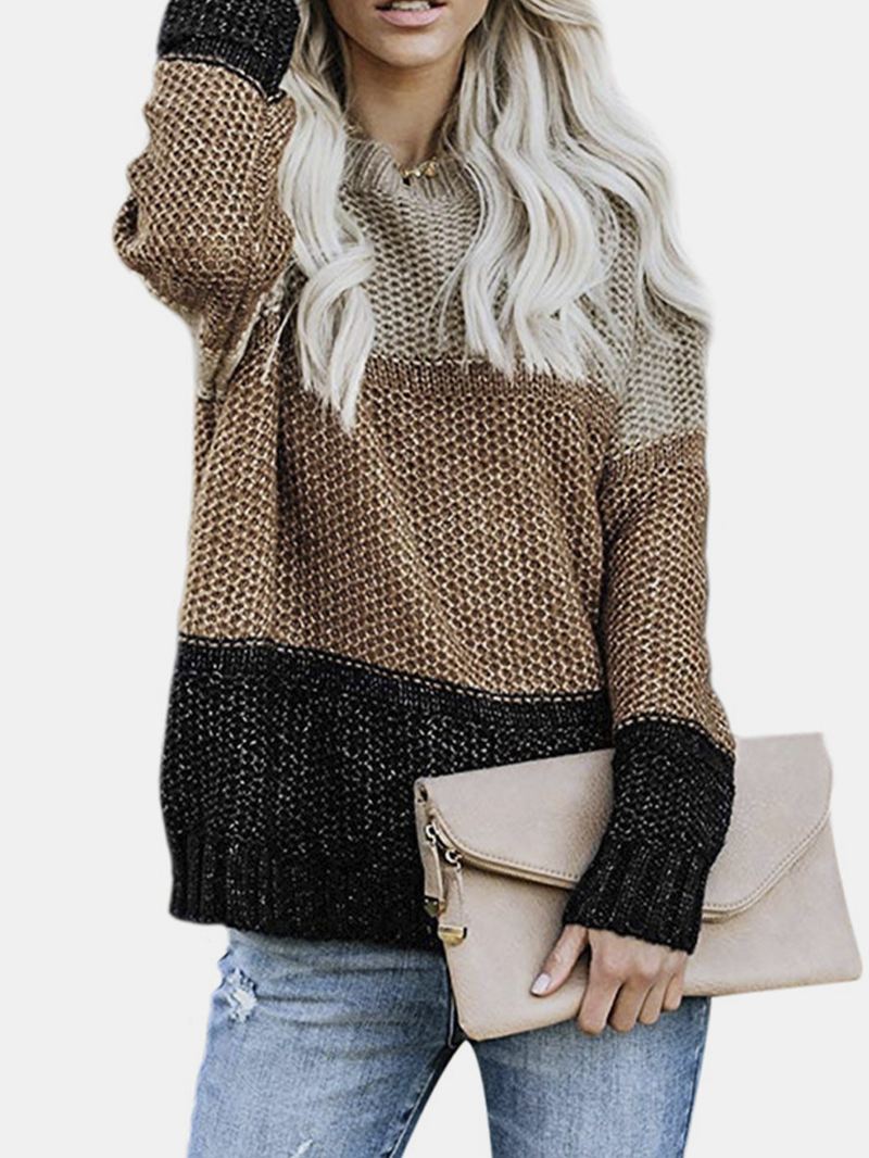 Kvinder Kontrastfarve Patchwork Rund Hals Langærmet Strikket Afslappet Sweater