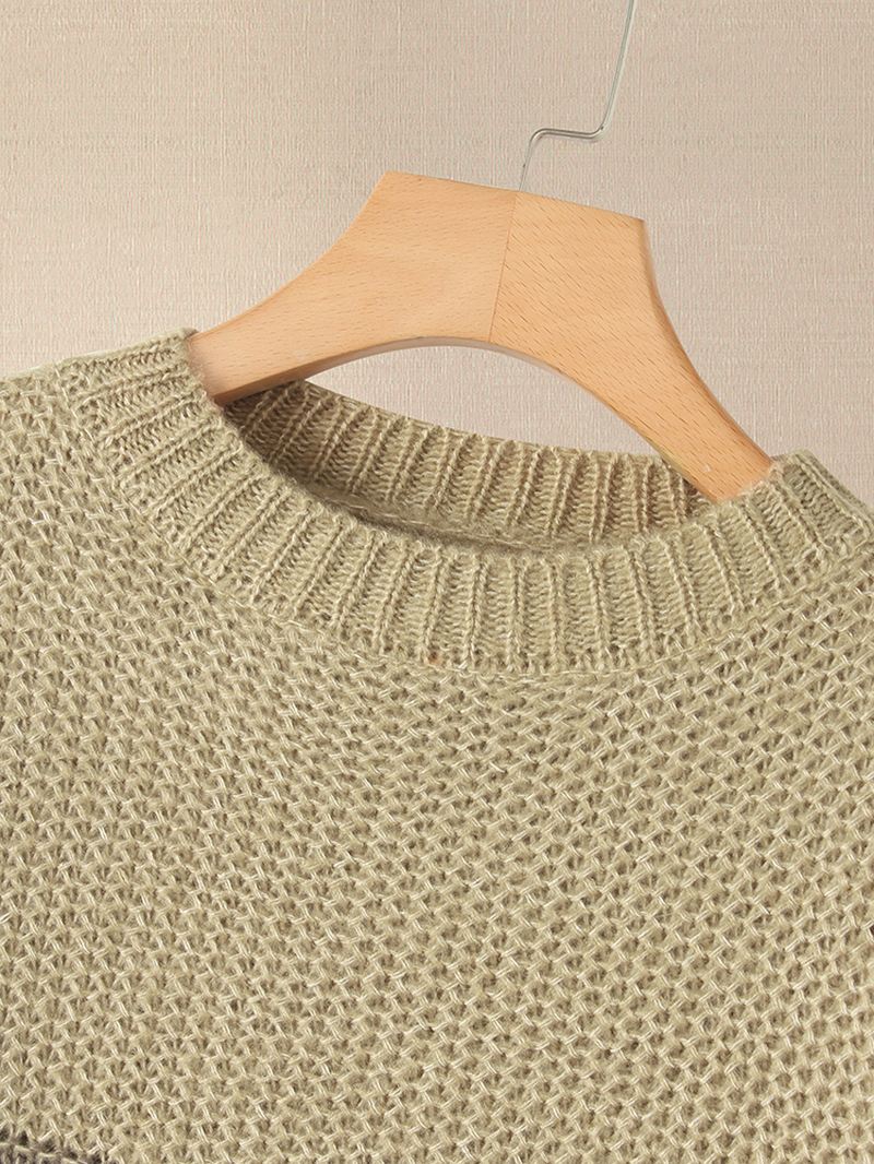 Kvinder Kontrastfarve Patchwork Rund Hals Langærmet Strikket Afslappet Sweater