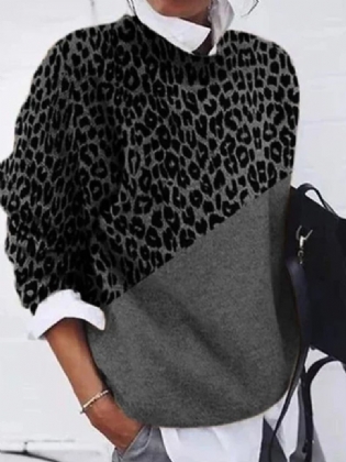 Kvinder Leopard Med Tryk Patchwork Rund Hals Langærmet Pullover Casual Sweaters