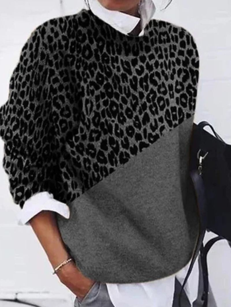 Kvinder Leopard Med Tryk Patchwork Rund Hals Langærmet Pullover Casual Sweaters