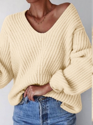 Kvinder Puff Sleeve V-hals Plisseret Splejset Solid Løs Tykke Mode Sweatere