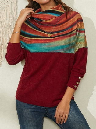 Kvinder Regnbuestribet Med Tryk Patchwork Rullekrave Ribstrikket Sweater