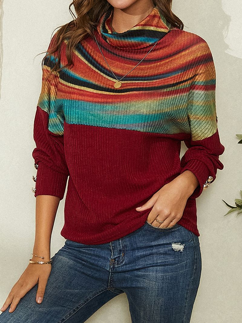 Kvinder Regnbuestribet Med Tryk Patchwork Rullekrave Ribstrikket Sweater