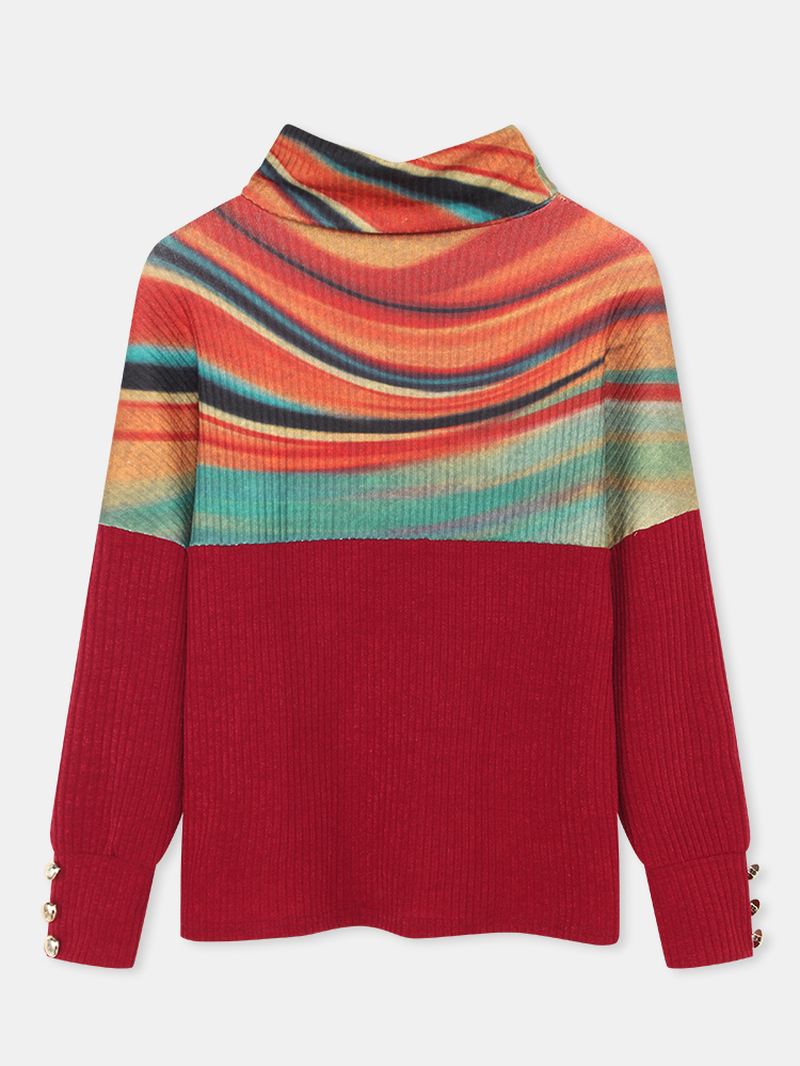 Kvinder Regnbuestribet Med Tryk Patchwork Rullekrave Ribstrikket Sweater