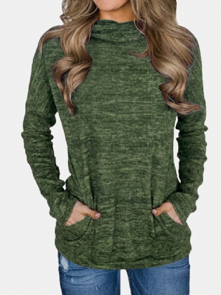 Kvinder Strikket Højhalset Langærmet Afslappet Sweater Med Lomme