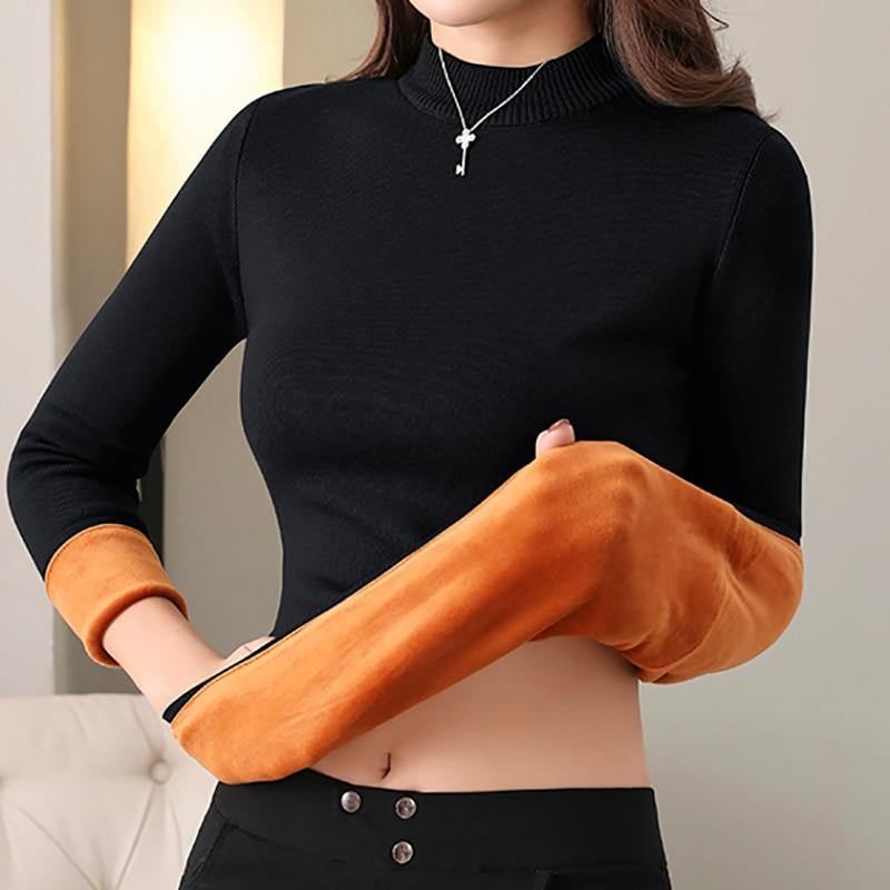 Kvinder Tykke Varme Sweatere Termisk Undertøj Long Johns Solid O-neck Velvet Jumper Sweatere Til Kvinder 2020 Vinter