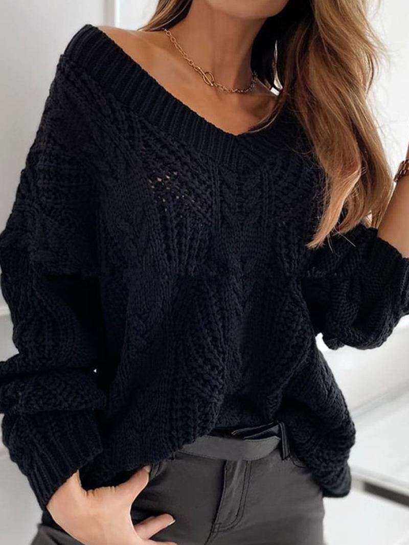 Kvinder V-hals Ensfarvet Strikning Hollow Out Casual Sweaters
