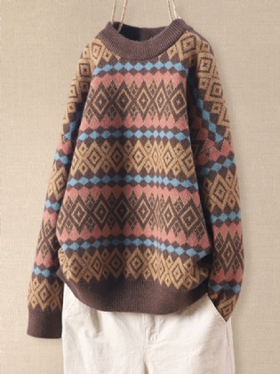 Kvinder Vintage Argyle Rund Hals Jacquard Strik Drop Shoulder Løse Trøjer