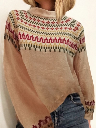 Kvinder Vintage Jacquard Printet Halvkrave Casual Pullover Strikket Sweater